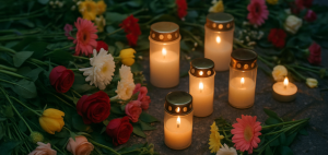 Kerzen und Blumen wurden zum Gedenken abgelegt.