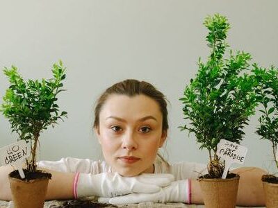 Eine Frau zwischen frisch eingesetzten Zimmerpflanzen